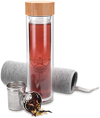 Navaris Glass Water Bottle with Tea Infuser - Double Walled Borosilicate Glass Travel Tumbler with Bamboo Lid and Non Slip Gray Neoprene Sleeve - 17oz