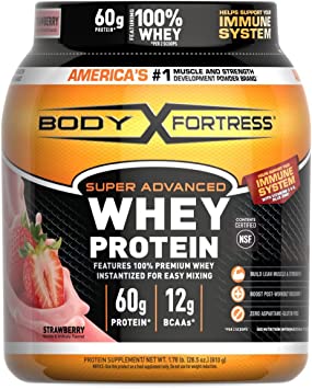 Body Fortress Super Advanced Whey Protein Powder, Strawberry, Immune Support (1), Vitamins C & D Plus Zinc, 1.78 lbs