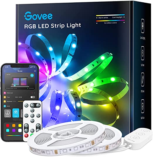 LED Strip Lights 32.8ft, Govee Bluetooth Color Changing RGB Light Strip, Music Sync and 7 Scenes with Phone App, Remote, Control Box LED Lights for Room, Kitchen, Party, Christmas, 3 Way Controls