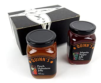 Quinn's Pepper Jelly 2-Flavor Variety: One 12 oz Jar Each of Jalapeño and Peach Habanero in a BlackTie Box (2 Items Total)