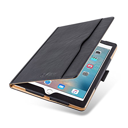 iPad Pro 12.9 Case - The Original Black & Tan Leather Smart Cover for iPad Pro 12.9" (2017), with Pencil Holder & Stylus