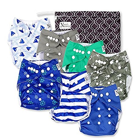 Nautical Baby Cloth Pocket Diapers 7 Pack, 7 Bamboo Inserts, 1 Wet Bag by Nora's Nursery