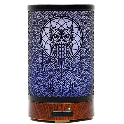 Metal Aromatherapy Ultrasonic Cool Mist Aroma Essential Oil Diffuser, Whisper Quiet Humidifier with Waterless Auto Shut-Off Protection and 7-Color Changed LED for Home Office Yoga SPA 100ml (Owl)