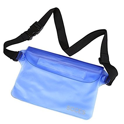 Waterproof Pouch with Waist Strap, SCCES 100% Waterproof Snowproof Dirtproof Sandproof Case Bag with Super Lightweight and Bigger Space, Adjustable Belt, Perfect for Beach Swimming Boating Fishing