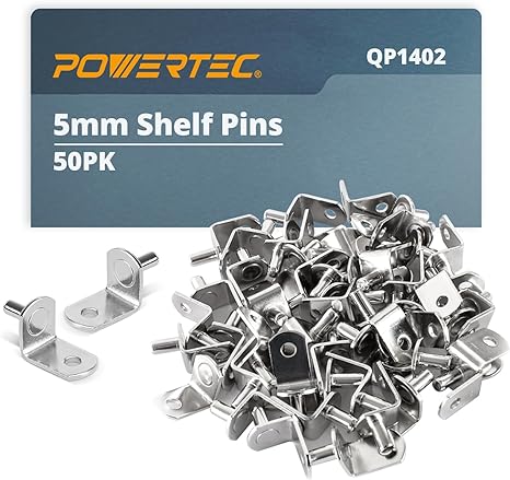 POWERTEC QP1402 5mm Shelf Pegs 50 pcs, L-Shaped Bracket with Hole Shelf Pins Support Pegs for Shelves, Kitchen Cabinet Shelf, Bookshelf, Closet and Furniture, Nickel Plated Shelf Holders Pegs