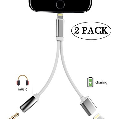 Lightning Adapter Cable Charge,iPhone 7 / 7 Plus Adapter 2Pack ,VOWSVOWS iPhone 7 / 7 Accessories 2 in 1 Lightning Adapter Cable Charge and Headphone Splitter (IOS 10.3) (Silver)