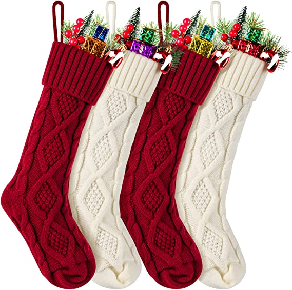 NEWBEA 4 Pack 18 Inches Christmas Stockings, Christmas Stocking Set Double -Sided Large Cable Knitted Stocking Decorations for Family Holiday Christmas,Ivory White and Burgundy Red