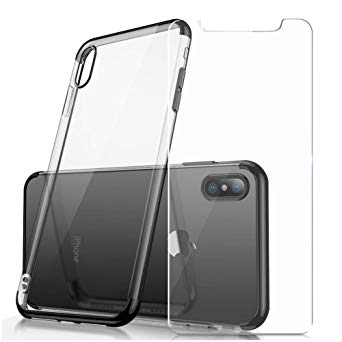 Crystal Clear TPU Cover iPhone Case (Supports Wireless Charging), Protective Back Case with Soft Shock Absorption Bumper and Tempered Glass Screen Protector Set for iPhone Xs Max (Black)