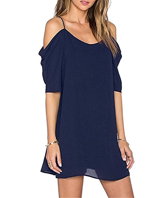 UNIFACO Women's Chiffon Floral Dress Tops Sexy Cut Out Cold Shoulder Spaghetti Straps Tunic Top