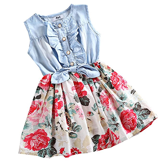 Mingao Little Girls Denim Floral Print Sleeveless Skirt Dresses