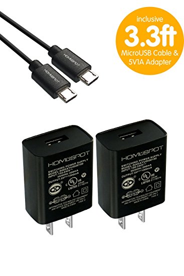 HomeSpot Value Pack 3.3ft (1m) Micro-USB Cord with USB Wall Charger Plug 5V1A USB for Samsung, LG, HTC, Google, Kindle, Sony, Nokia) - 2 Pack