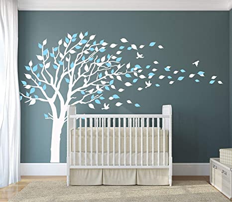 LUCKKYY Tree Blowing in The Wind Tree Wall Decals Wall Sticker Vinyl Art Kids Rooms Teen Girls Boys Wallpaper Murals Sticker Wall Stickers Nursery Decor Nursery Decals (White Blue)