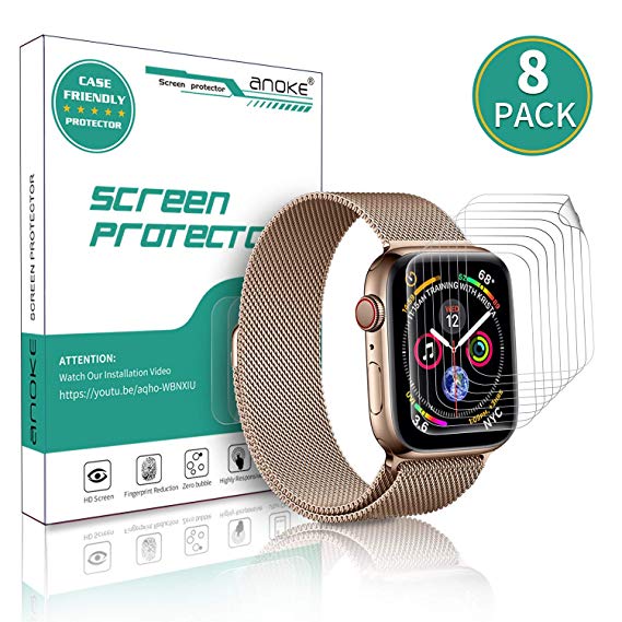 [8 Pack] AnoKe for Apple Watch iWatch 44mm/42mm Screen Protector (Series 4 Series 3/2/1),Liquid Skin [Max Coverage] Curved Edge Case Band Friendly Lifetime Replacement Warranty 44mm