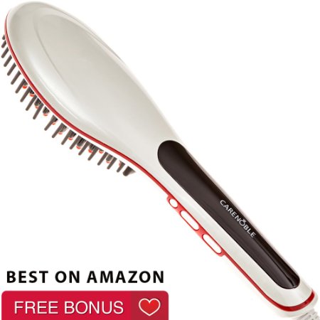 Carenoble Professional Hair Straightening Brush - Electric Iron Comb Simply Straight Hairstyling - Best Ceramic Straightener w LCD Detangling Curls Instant Magic Results Amazing Free Bonus White