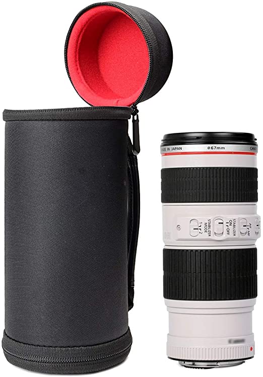 WGear Semi-Hard Lens Case for DSLR Camera Lens (Canon, Nikon, Sony, Pentax, Olympus, Panasonic,etc Listed Models Below), Strong Light with case with Carabiner, Cleaning Wipe (Black Large)
