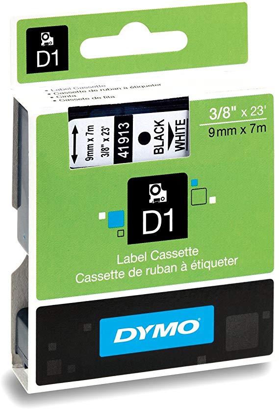 DYMO Standard D1 Labeling Tape for LabelManager Label Makers, Black print on White tape, 3/8'' W x 23' L, 1 cartridge (41913)