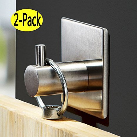 2PCS Wall Hooks for Bathroom Door Hanger Hanging 3M Adhesive Command Hooks Heavy Duty Wall Mount Clothes Hangers Stainless Steel Single Robe Hook set of 2