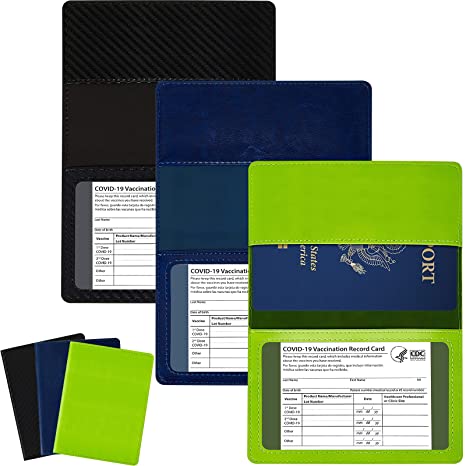 3 Pieces PU Leather Card Holder Vaccination Certificate Holder Vaccination Card Protector Waterproof Immunization Record Card Holder for Business ID Card Passport (Black, Light Green, Dark Blue)