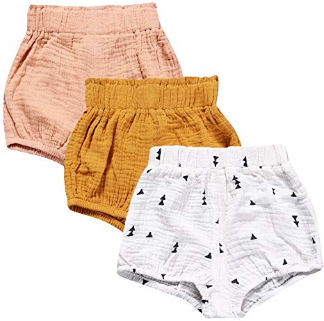 Mary ye Baby Girls Boys 3 Pack Cotton Linen Blend Cute Bloomer Shorts Loose Harem Shorts