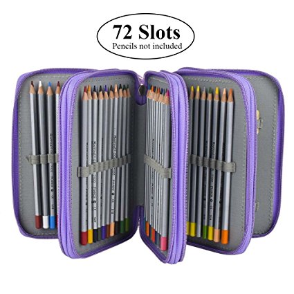 Aketek Large Capacity Multilayer Colored Pencil Case (72 Slots Purple Pen Bag)