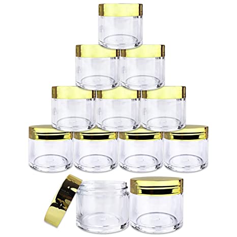 Beauticom 12 Piece 1 oz. USA Acrylic Round Clear Jars with Flat Top Lids for Creams, Lotion, Make Up, Cosmetics, Samples, Herbs, Ointment (12 Pieces Jars   Lids, GOLD)