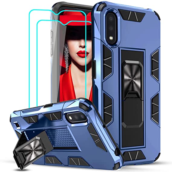 LeYi Compatible with Samsung A01 Case, Samsung Galaxy A01 Case with Tempered Glass Screen Protector [2Pack], Military-Grade Shockproof Built-in Kickstand Car Mount Phone Case for Galaxy A01, Blue