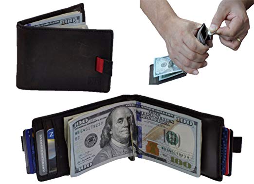Khaliro Handmade Minimalist RFID Blocking Bifold Slim Money Clip Card and Coin Holder Genuine Leather Wallet for Men