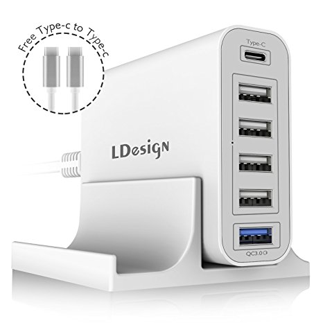 USB Charging Station & 60W 12A 6-Port Travel Charger By LDesign - Mini, Compact, Portable Design -1 Quick Charge 3.0 USB Port, 4 USB Ports & 1 USB-C Port - For Apple & Android Phones Tablets & Devices