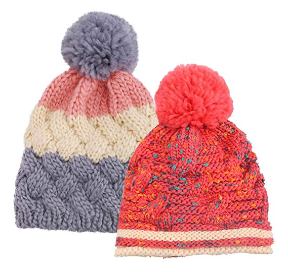 Arctic Paw Kids and Toddlers' Chunky Cable Knit Beanie with Yarn Pompom - Set of 2