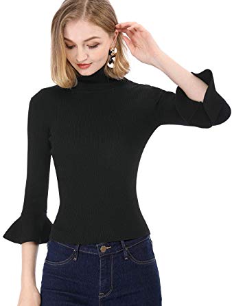 Allegra K Women's Ruffle Sleeves Pullover Turtleneck Stretchy Knit Sweater Slim Fit Shirt