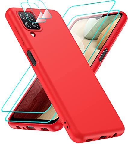 Samsung Galaxy A12 Case, A12 Case with [2 Pack] Tempered Glass Screen Protector & Camera Lens Protector, LeYi Liquid Silicone Microfiber Liner Protective Phone Cases Cover for Galaxy A12, Red