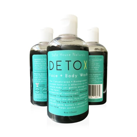 American Black Liquid Castile Soap Detox Face and Body Wash Best for Oily & Acne Prone Skin w/ Aloe - Activated Charcoal - Coconut Oil- Tea Tree   Frankincense Essential Oil - by Safe House Naturals