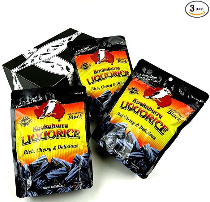 Kookaburra Old Fashioned Black Liquorice, 10 oz Bags in a BlackTie Box (Pack of 3)