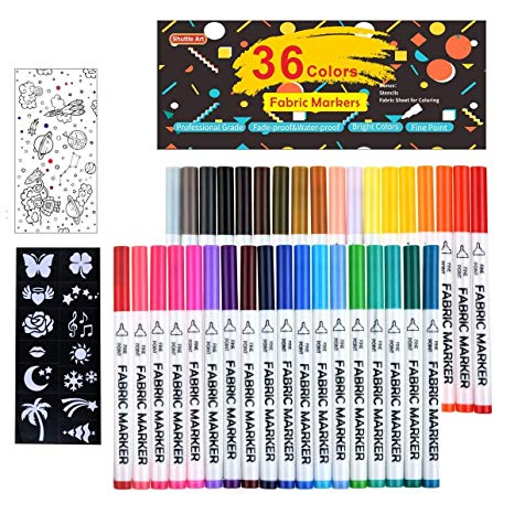 36 Colors Fabric Markers, Shuttle Art Fabric Markers Permanent Markers for T-Shirts Clothes Sneakers Jeans with 13 Stencils 1 Fabric Sheet,Permanent Fabric Pens for Kids Adult Painting Writing