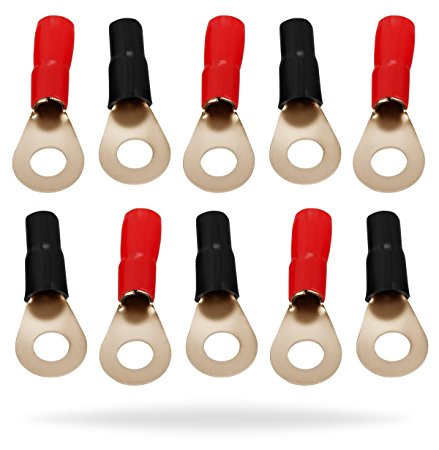 InstallGear 8 Gauge AWG Crimp Ring Terminals Connectors - 10-Pack (5 Positive, 5 Negative)