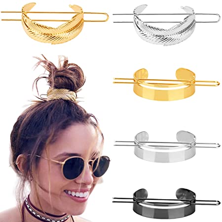 5 Pieces Round Top Hair Pin Hair Cuff Clips High Polished Metal Messy Bun Cage Minimalist Vintage Hair Stick Fork Ponytail Holder Christmas Hair Accessories for Women Girls Gold Silver Black