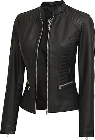 fjackets Real Leather Jacket Women - Cafe Racer Natural Grain Stand Collar Womens Motorcycle Jackets