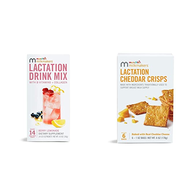 Milkmakers Lactation Drink Mix Supplement with B Vitamin & Milk Thistle , 14 Count and Lactation Cheddar Crisps for Breastfeeding Moms with Oats and Flax, 6 Count