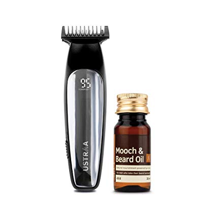 Ustraa Chrome 300 Corded and Cordless Beard Trimmer with Lithium-Ion Battery and Ustraa Mooch and Beard Oil 4x4 for men - 35 ml