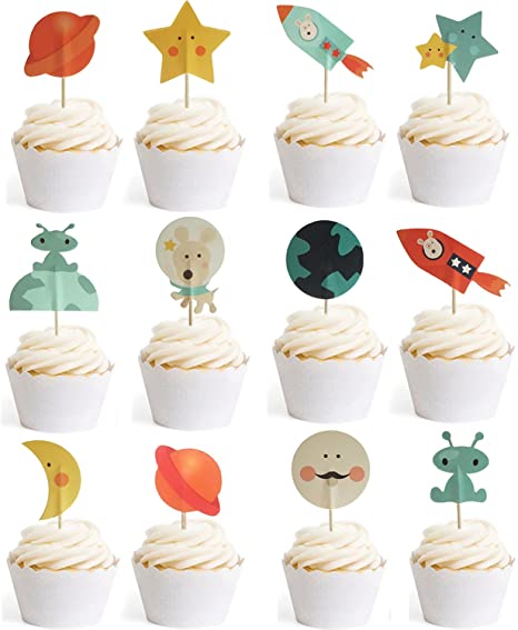 Outer Space Dog Cupcake Toppers Rocket Themed Party Aliens Cake Decorative 24pcs Spaceship by GOCROWN