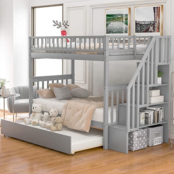 Merax Solid Wood Bunk Bed with Storage for Kids, Twin Over Twin Bunk Bed with Trundle and Staircase (Grey)