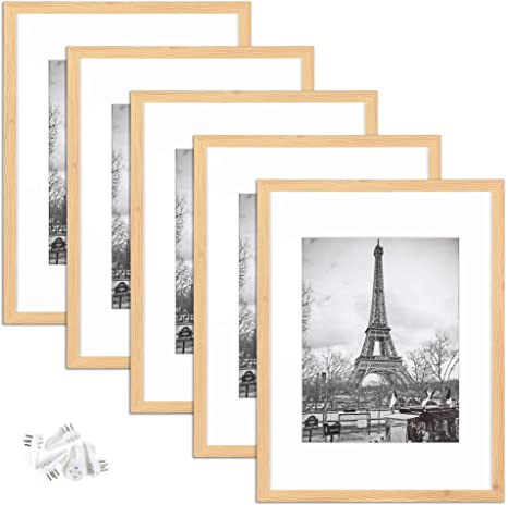 upsimples 12x16 Picture Frame Set of 5,Display Pictures 8.5x11 with Mat or 12x16 Without Mat,Wall Gallery Photo Frames,Oak