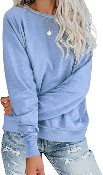 Dokotoo Womens Simple Crewneck Long Sleeve Casual Solid & Tie Dye Thin Pullover Sweatshirts Tops Shirts