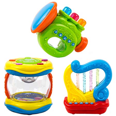 Toysery Portable Musical Toy Instruments for Toddlers, Kids - Educational Music Toy for Children - Interactive Toy Set of 3 Drum, Trumpet, Harp Baby Musical Toys