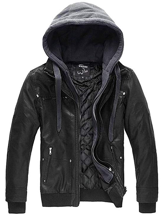 Wantdo Men's Leather Jacket with Removable Hood