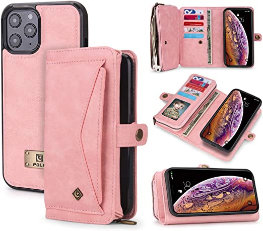 XRPow Wallet Case for iPhone 12 Pro Max 6.7" [2 in 1] Magnetic Detachable Leather [Tri-Fold Wallet] Folio Case Card Slot Pocket Clutch [Hand Strap] Purse Slim Shock Protection Back Cover - Rose Gold