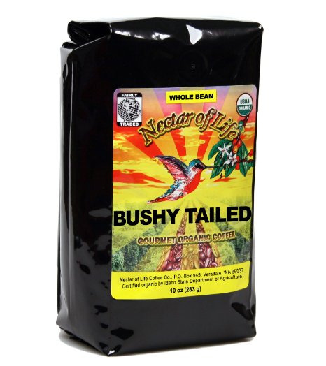 Bushy Tailed Dark Roast Coffee from Nectar of Life Whole Bean Coffee Full Body Thick and Citrus Spicy Nicaragua and Colombian Coffee 100 Organic Coffee 100 Fair Trade Coffee FDA Cert 10oz Bag