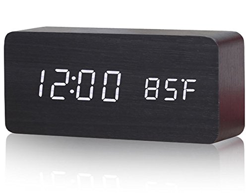 Wooden LED Digital Alarm Clock, Dual Power Supply Clocks with 3 Set of Alarm, Sound Control, Loud Electric Desk Clock for Home, Office, Travel, Bedrooms, Kids