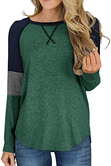 Hilltichu Women's Color Block Round Neck Tunic Tops Casual Long Sleeve and Short Sleeve Shirt Blouse