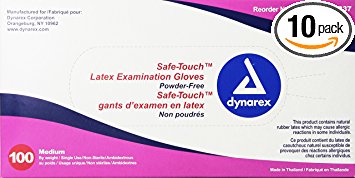 Dynarex Safe-Touch Latex Exam Glove Powder Free, Medium, 100 Count (Pack of 10)